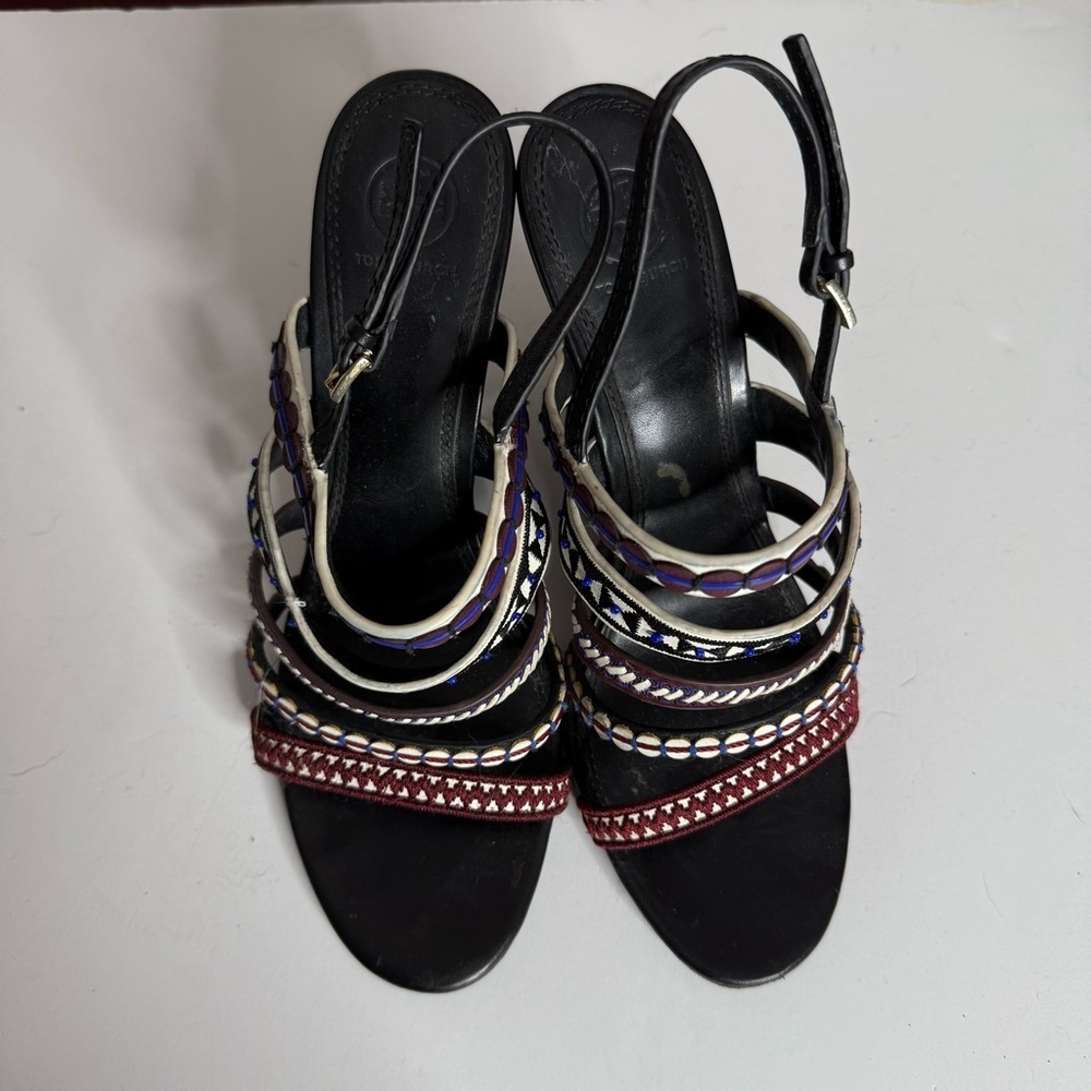 Tory Burch Black Sandal with Purple, Cream, and Burgundy Straps